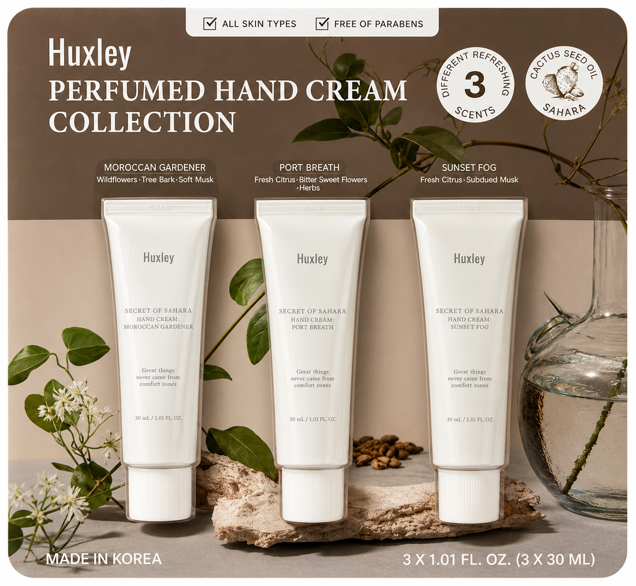 Huxley Perfumed Hand Cream Collection Set – 3 Scents Moisturizing Hand Creams 30ml Each