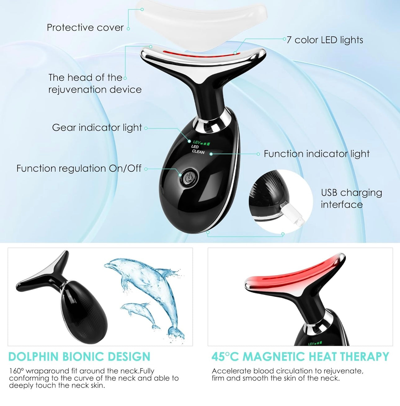 Neck & Face Massager, 7-Color LED Multifunctional Facial Massager, Black - Face
