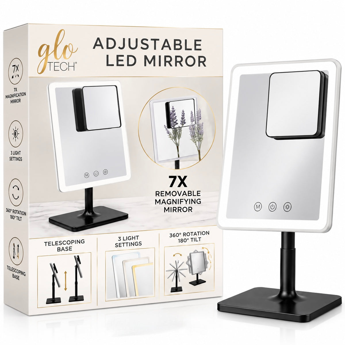 GloTech Calypso Adjustable LED Makeup Mirror – 7X Magnification | 3 Light Settings