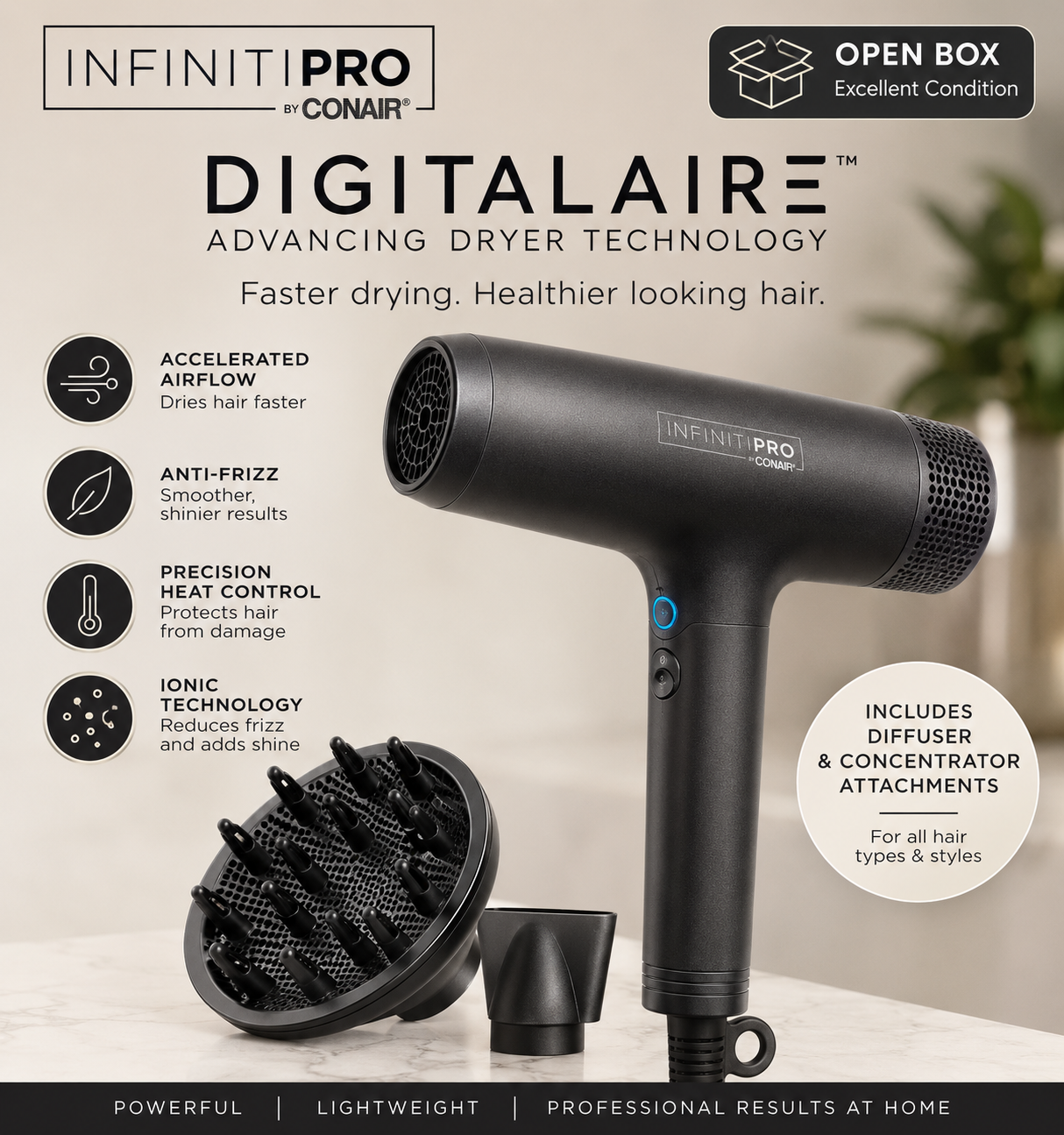 Conair InfinitiPRO DigitalAIRE Hair Dryer with Diffuser & Concentrator – Open Box, Excellent Condition
