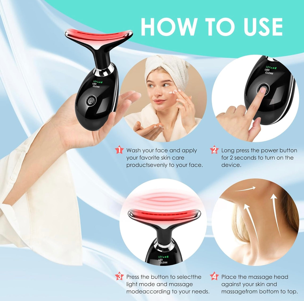 Neck & Face Massager, 7-Color LED Multifunctional Facial Massager, Black - Face